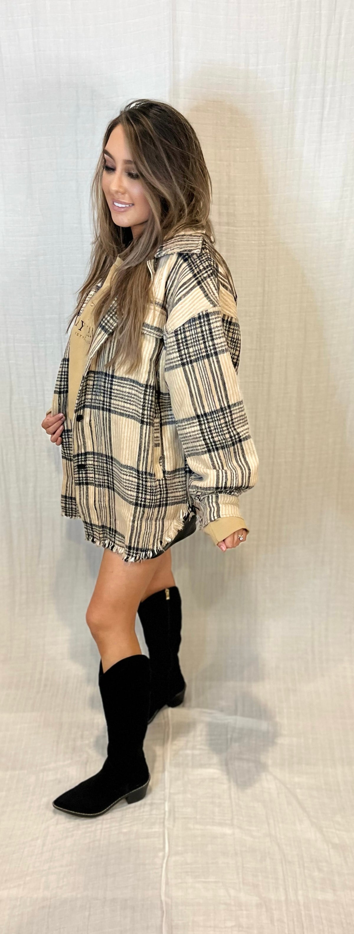 Ashleigh Plaid Woven Jacket | BEIGE